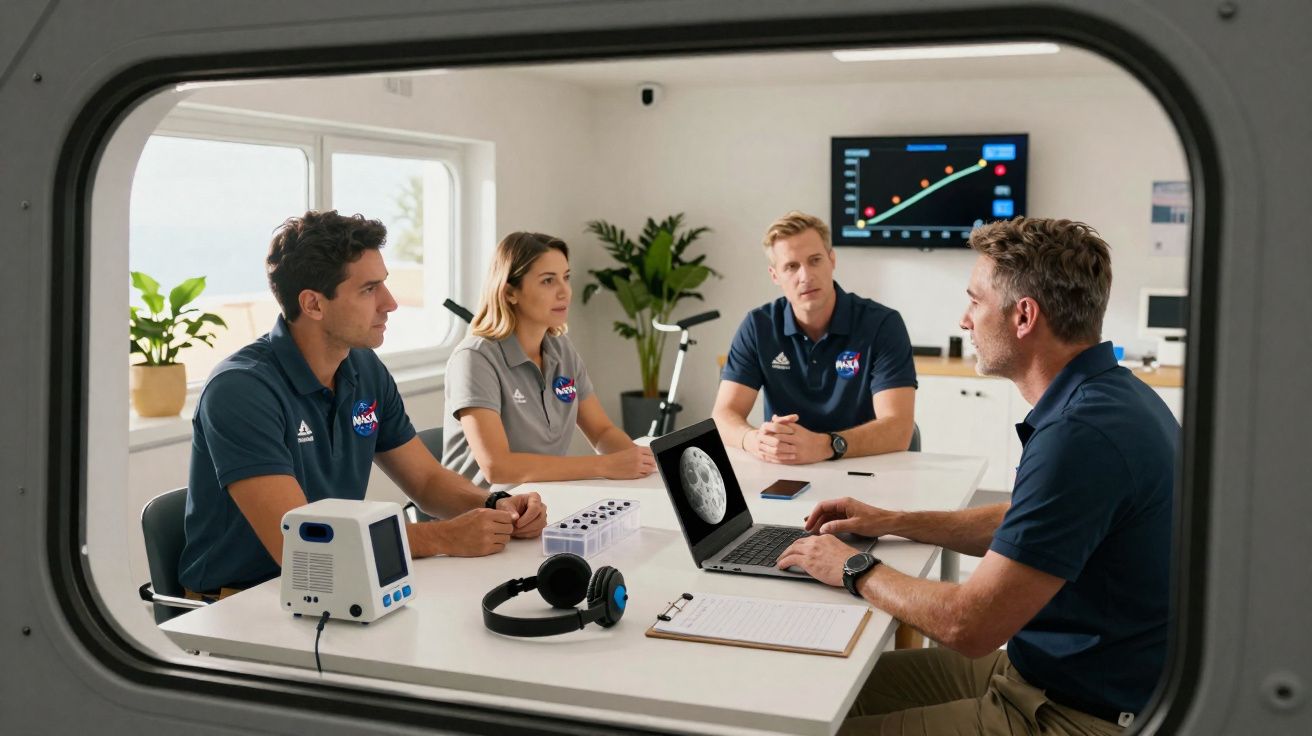 Quatro pessoas em reunião, com logos da NASA, analisando dados e imagens na sala de conferências iluminada.