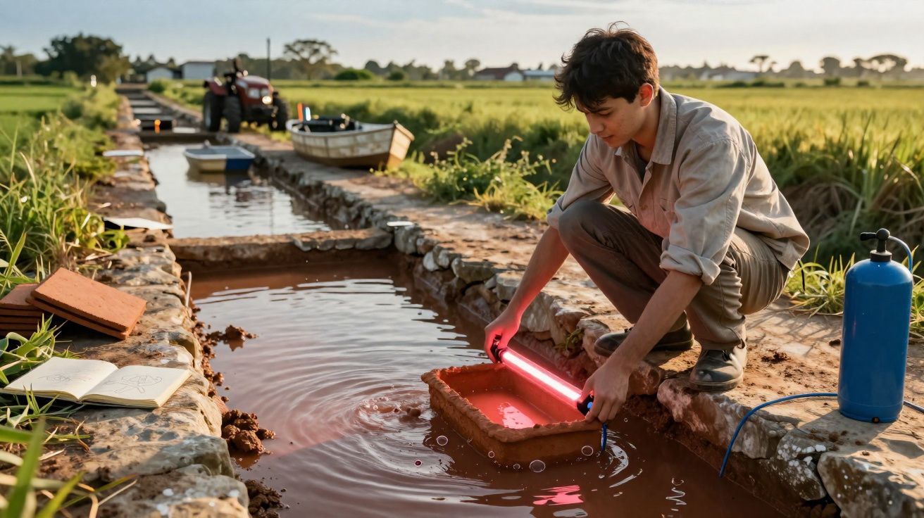 Jovem junto a canal de irrigação a usar luz vermelha numa estrutura retangular na água, campo ao fundo.