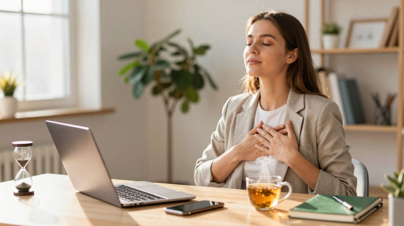 Mulher sentada numa secretária com olhos fechados, mãos no peito, rodeada por chá, computador e caderno.