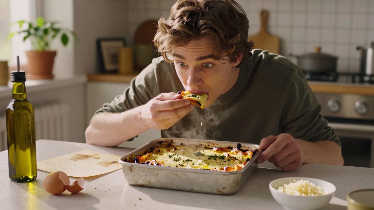 Homem a comer fatia de lasanha muito quente, sentando numa cozinha moderna com utensílios à volta.