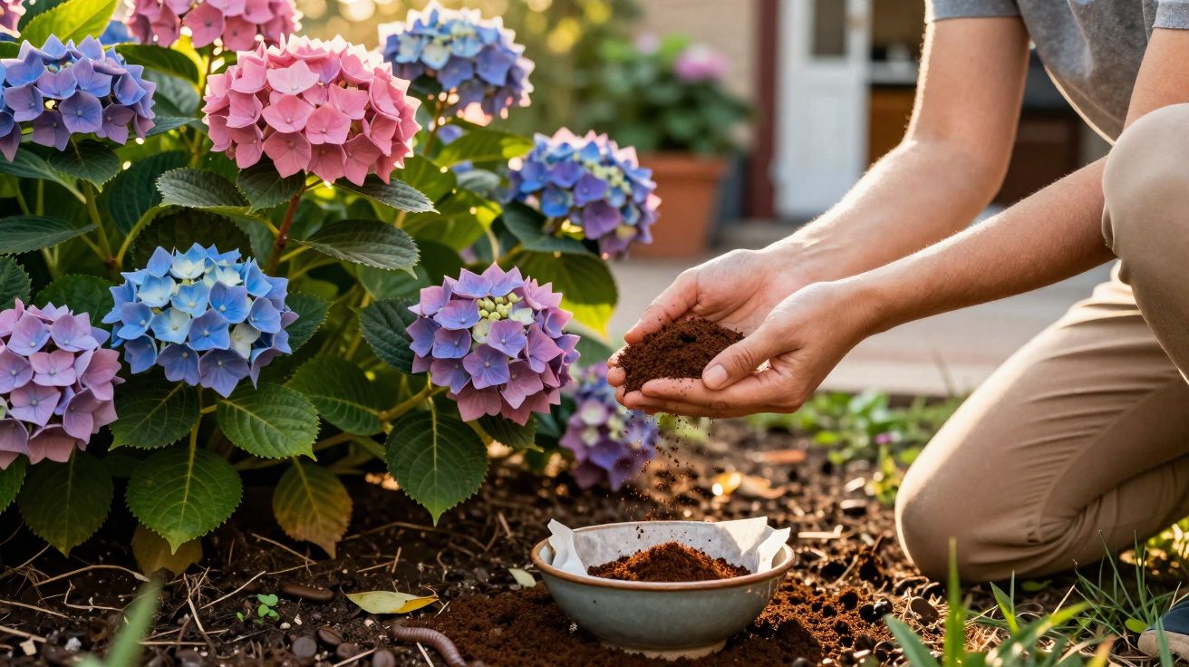 Pessoa a adicionar composto ao solo junto a flores de hortênsia cor roxa, azul e rosa num jardim.