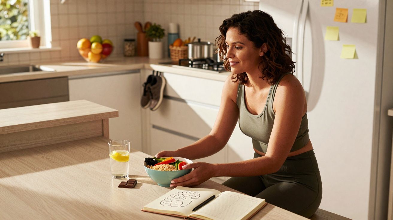 Mulher vestida de roupa desportiva sentada na cozinha com tigela de comida saudável e copo de água com limão.
