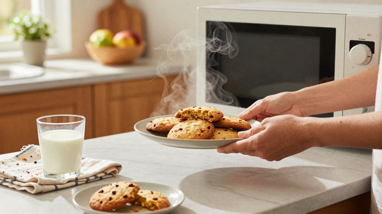 Pessoa a tirar biscoitos quentes e fumegantes do micro-ondas numa cozinha com copo de leite à frente.