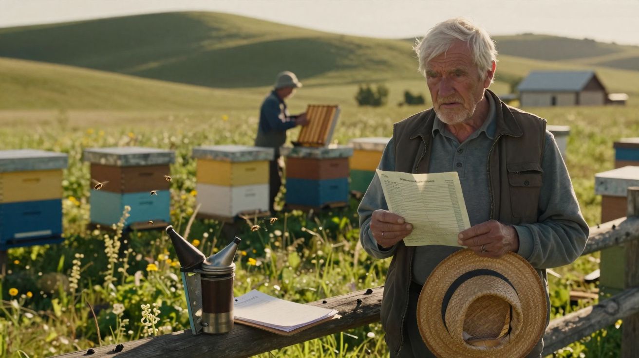 Idoso com papel na mão e chapéu, em apiário com colmeias e outro homem a trabalhar ao fundo.