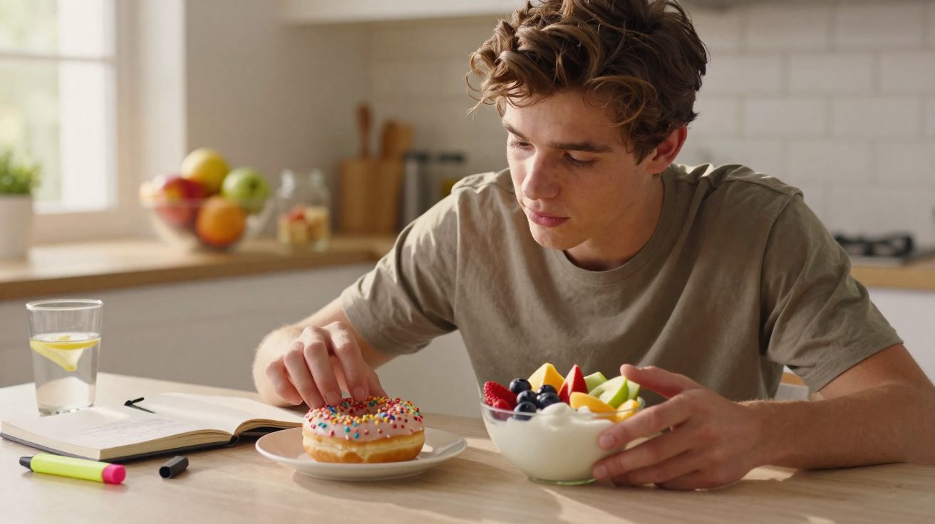 Jovem na cozinha, segurando taça de iogurte com fruta, a escolher entre donut e fruta fresca.