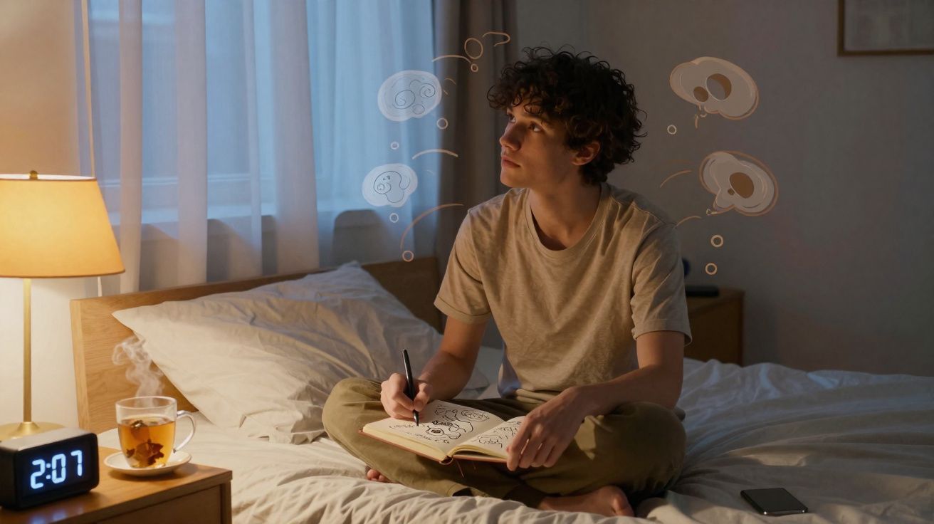 Jovem sentado na cama a desenhar num caderno, rodeado por desenhos animados flutuantes no quarto à noite.