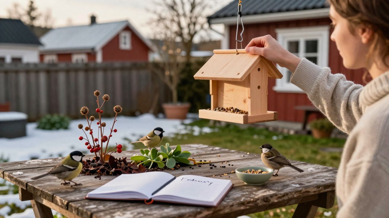 Pessoa a pendurar comedouro de pássaros numa mesa exterior com pássaros, caderno aberto e plantas ao redor.