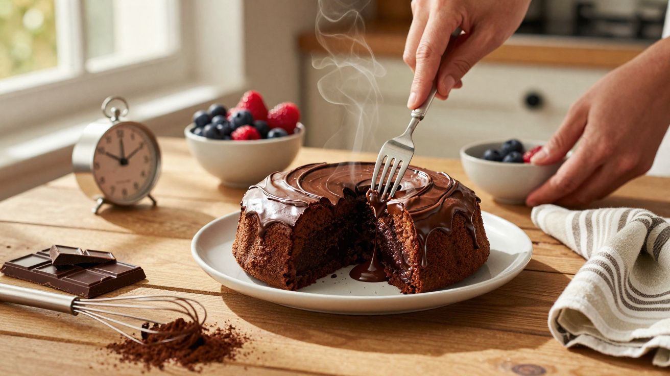 Bolo de chocolate quente com cobertura derretida, cortado e servido numa cozinha iluminada.