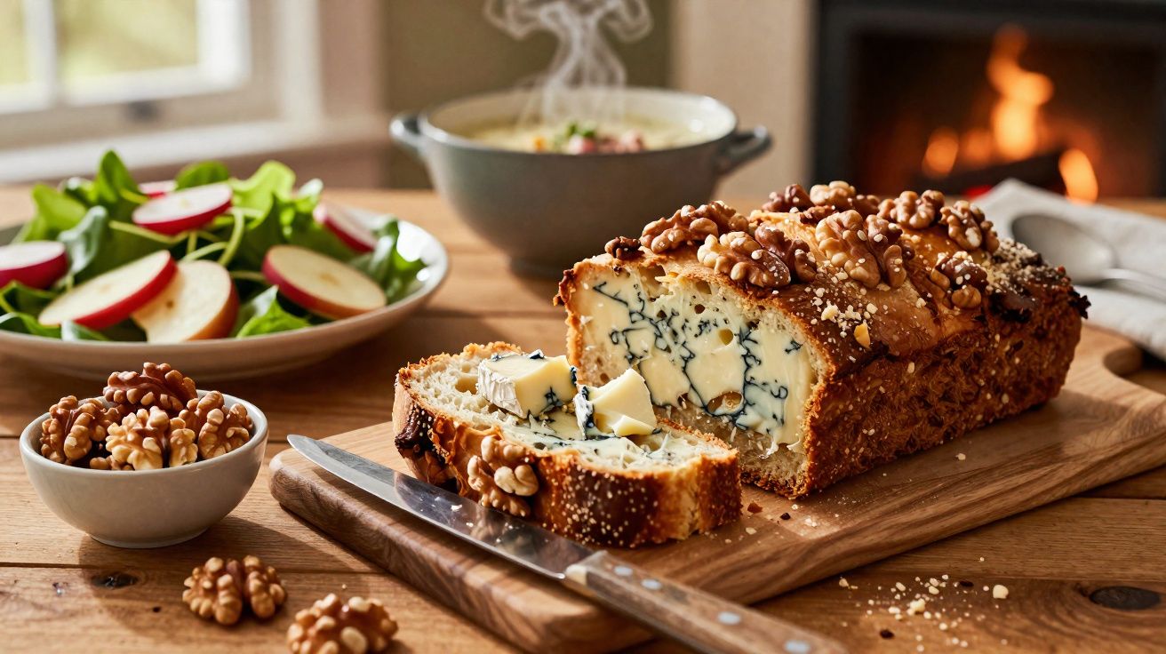 Pão caseiro com queijo azul e nozes, servido com salada de maçã e folhas verdes.