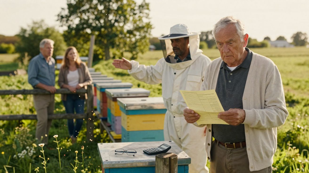 Homem idoso lê papel junto a colmeias enquanto apicultor e casal observam numa horta ao ar livre.