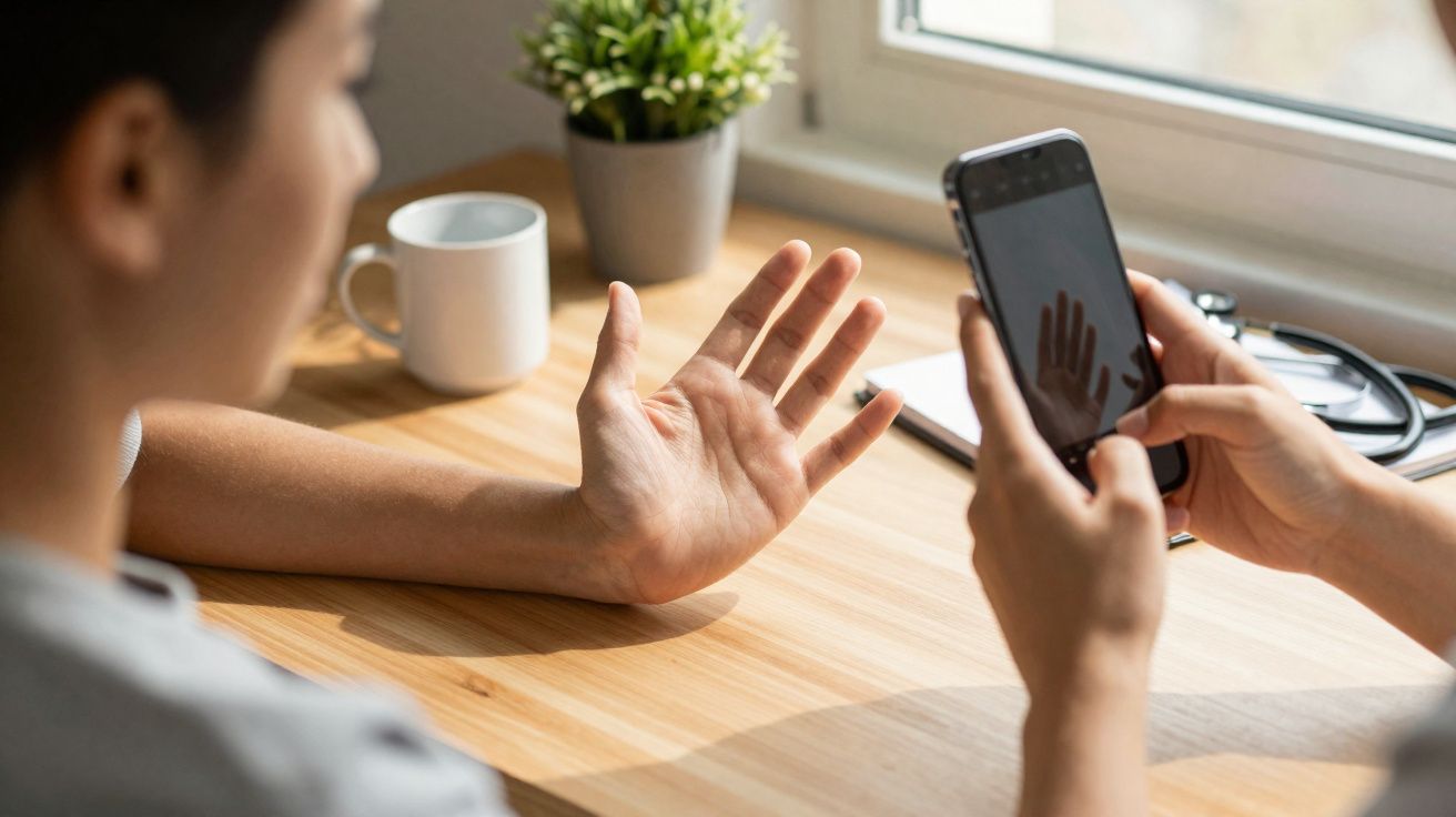 Pessoa a tirar foto da palma da mão com smartphone numa mesa com caneca e planta.