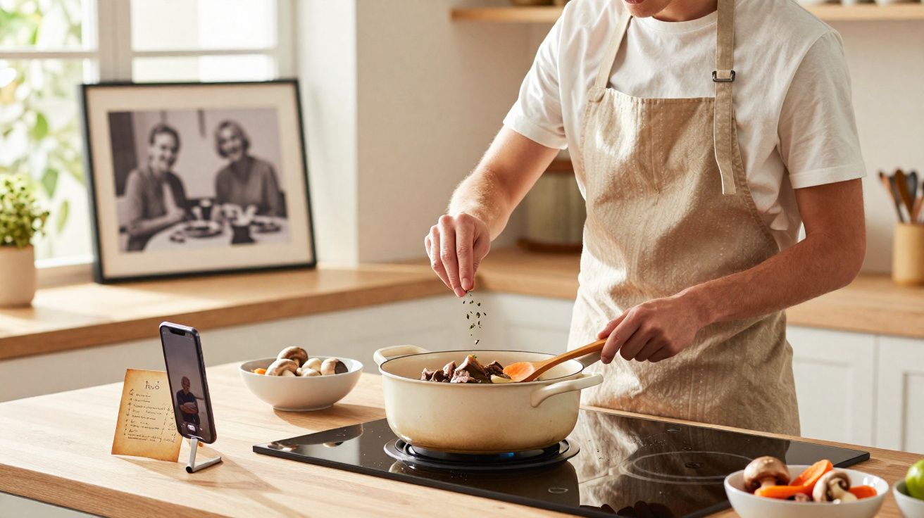 Pessoa a cozinhar num tacho em fogão de indução, com receita no telemóvel e legumes na bancada.