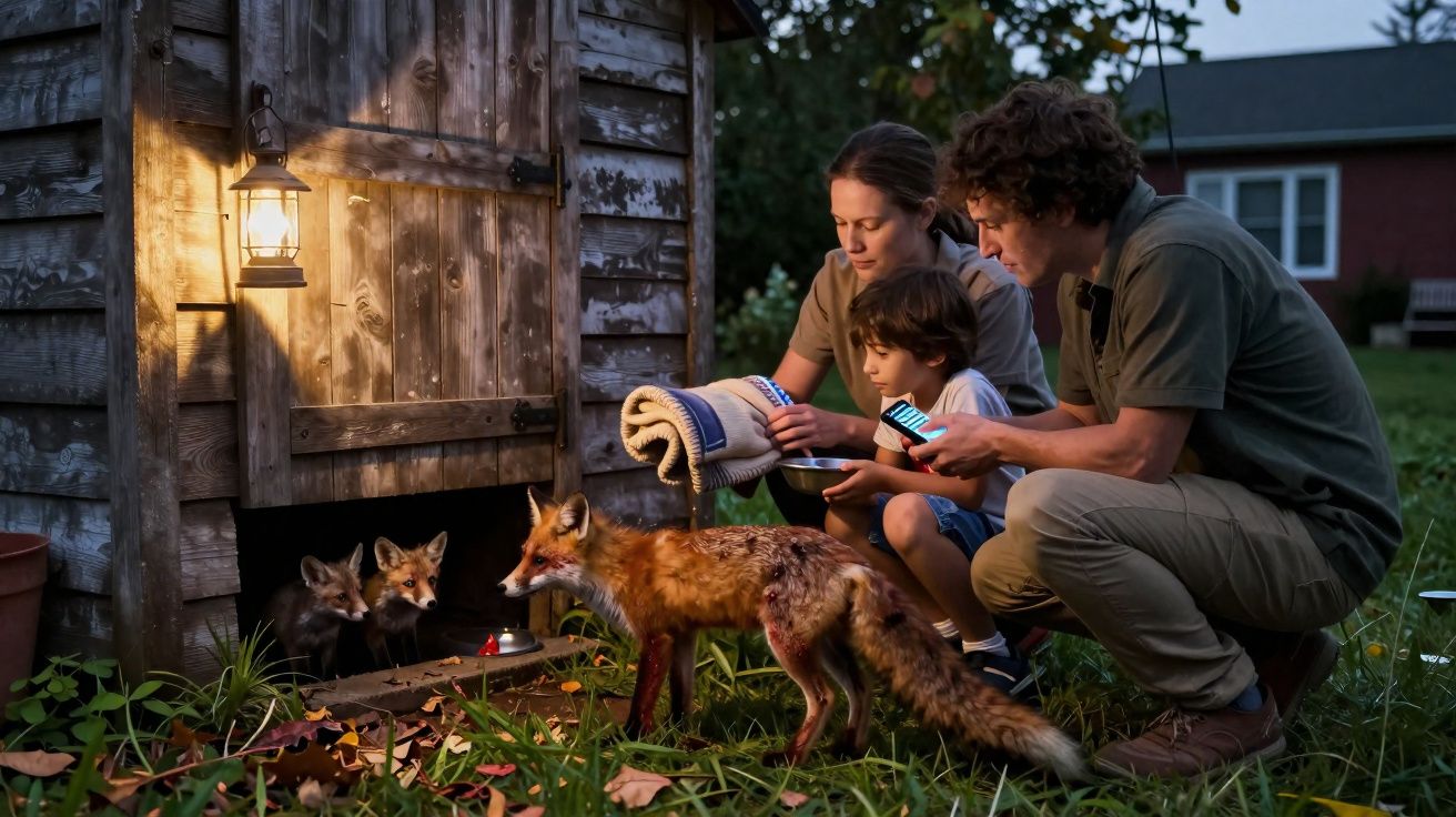 Família alimenta raposas à entrada de uma toca junto a uma casota de madeira ao entardecer.
