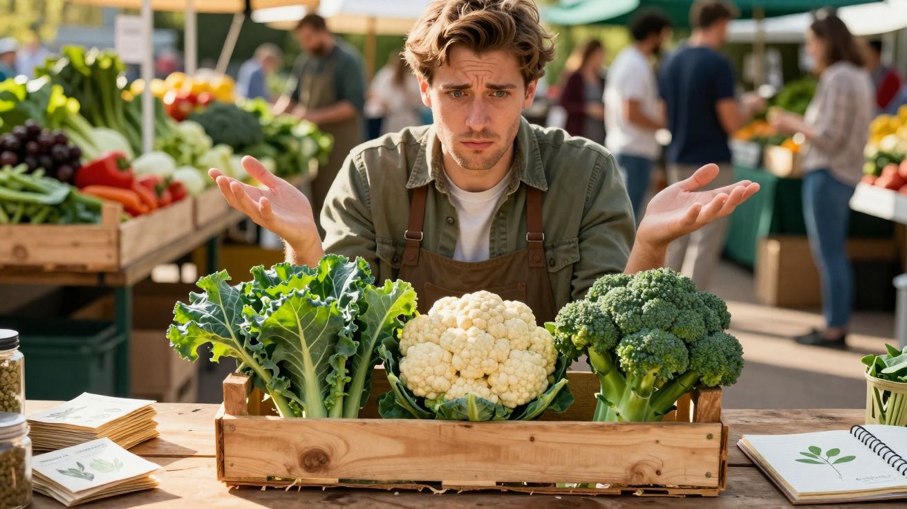 Homem vendedor num mercado com legumes verdes e couve-flor, com expressão de dúvida e braços abertos.