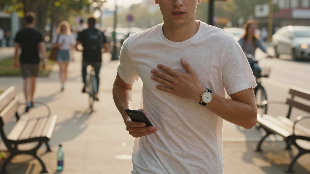 Jovem a correr na rua com t-shirt branca, a tocar no peito e a segurar um telemóvel.