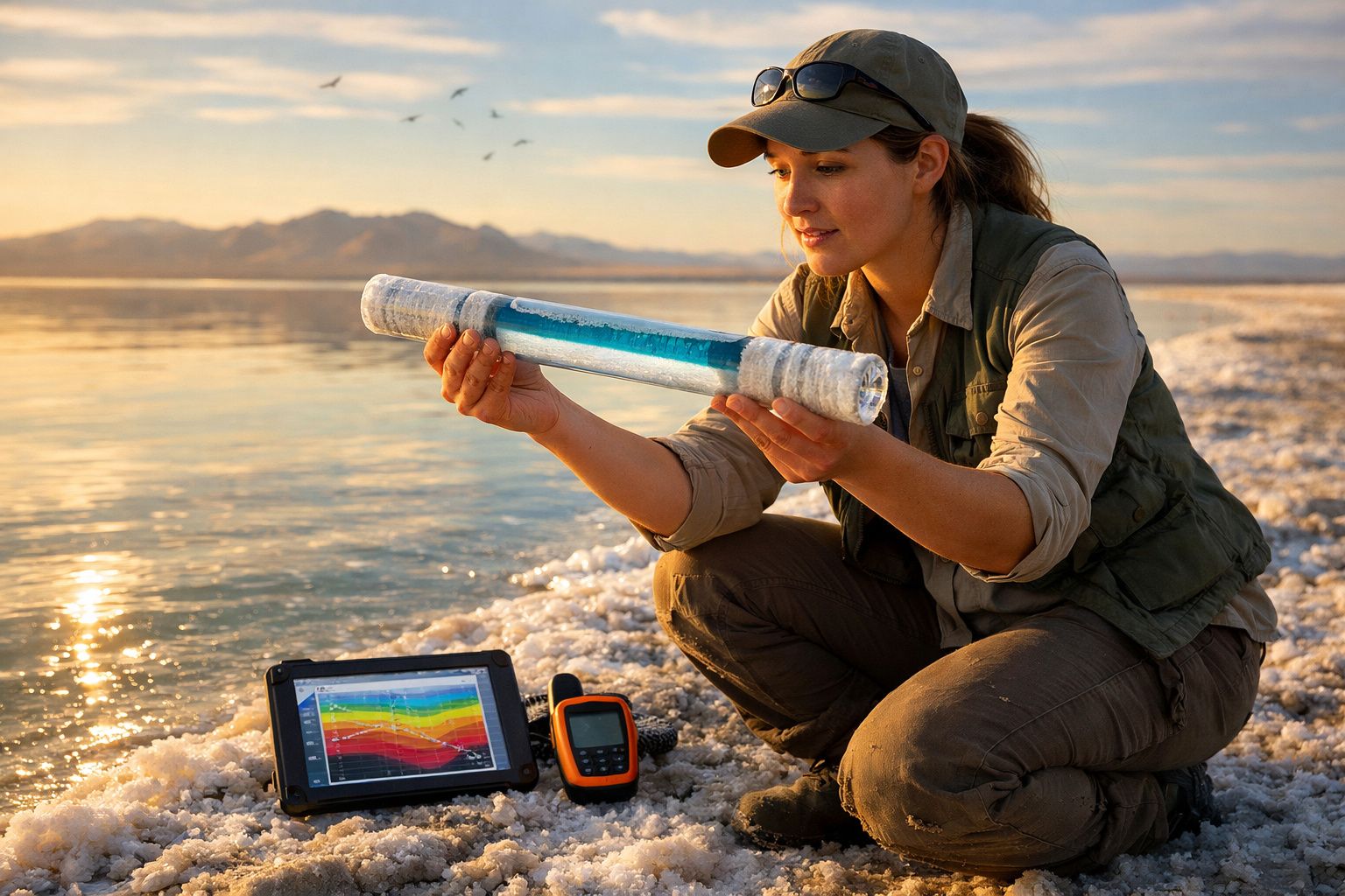 Mulher cientista analisa amostra cilíndrica junto a equipamentos num lago salgado ao pôr do sol.