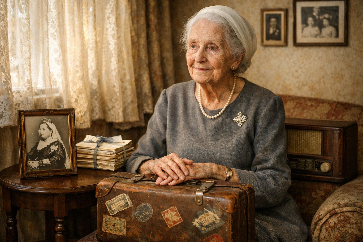 Mulher idosa sentada junto a mesa com mala antiga, rádio, cartas e fotografias em ambiente vintage.