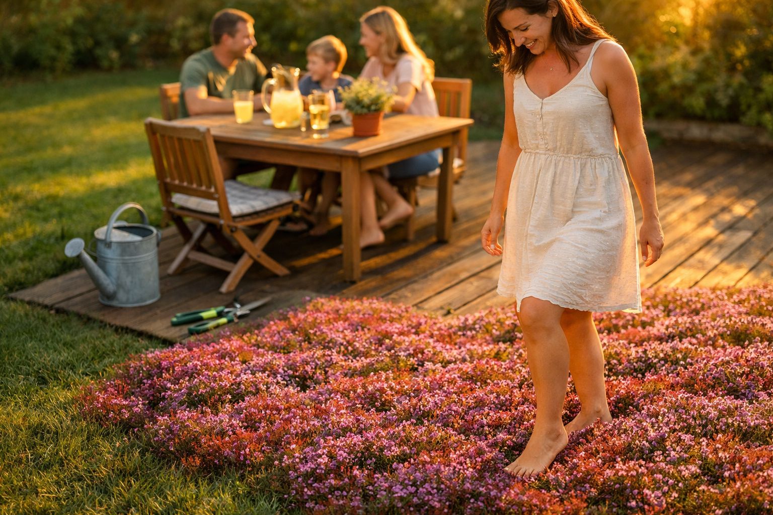 Mulher de vestido branco caminha descalça sobre flores cor-de-rosa, com família sentada em mesa de madeira ao fundo.