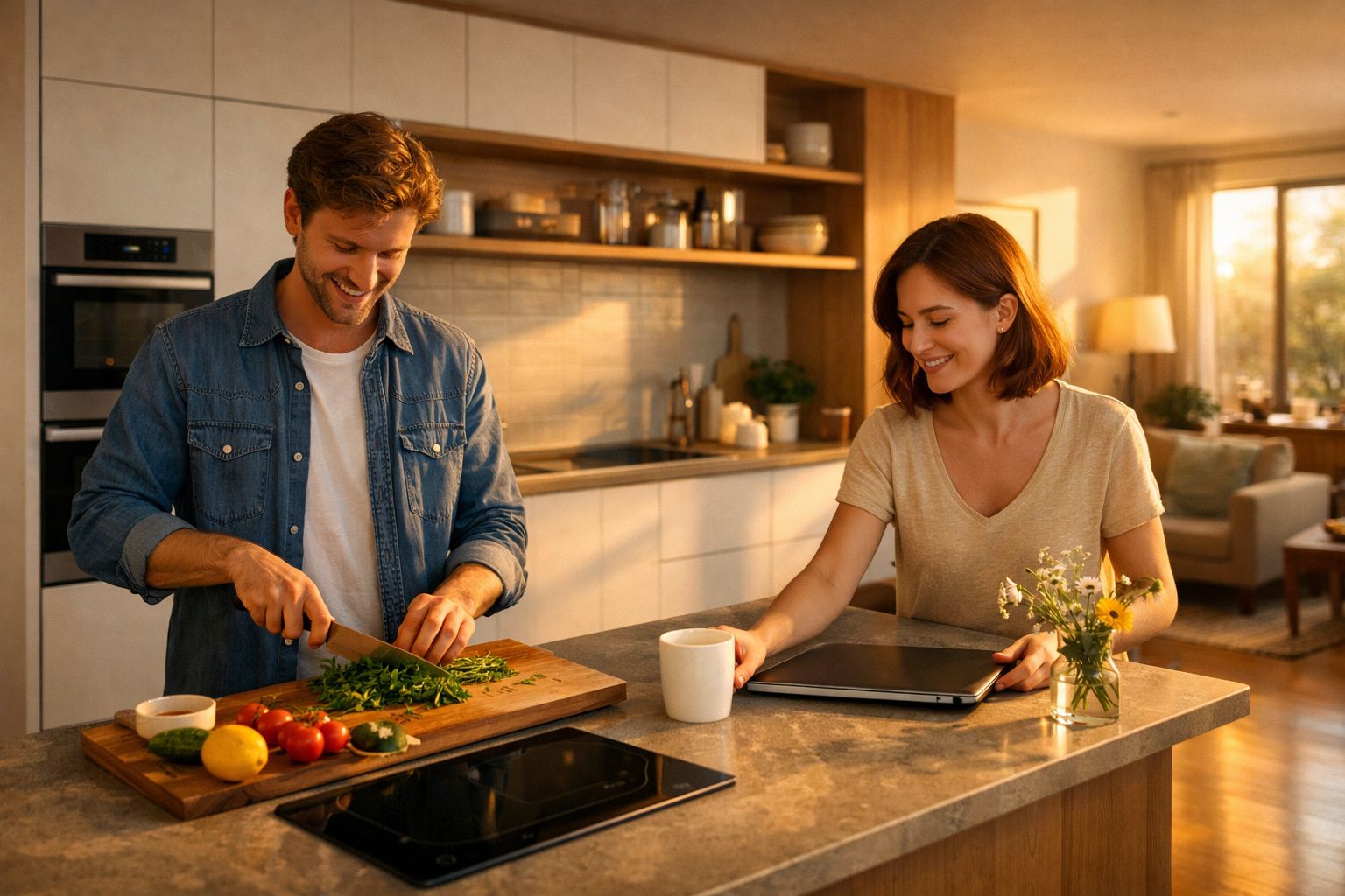Homem a cortar ervas frescas na cozinha enquanto mulher observa sorrindo, com laptop e chávena na mão.