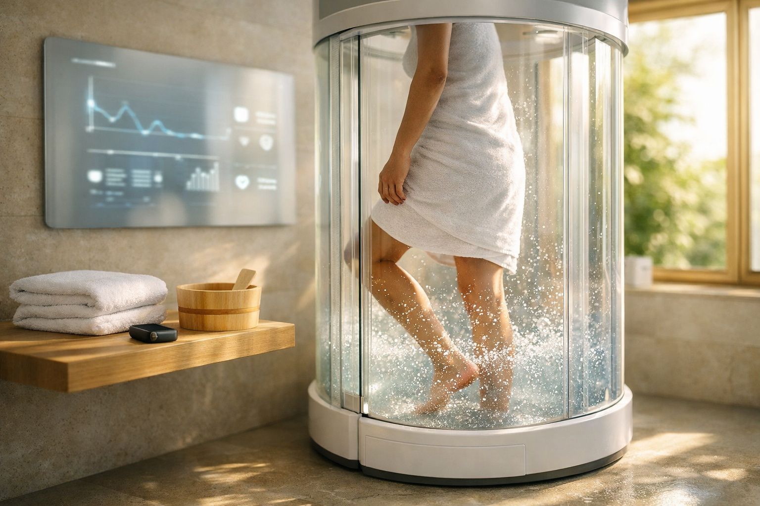 Pessoa dentro de um chuveiro moderno redondo com toalhas e utensílios de banho numa prateleira na parede.