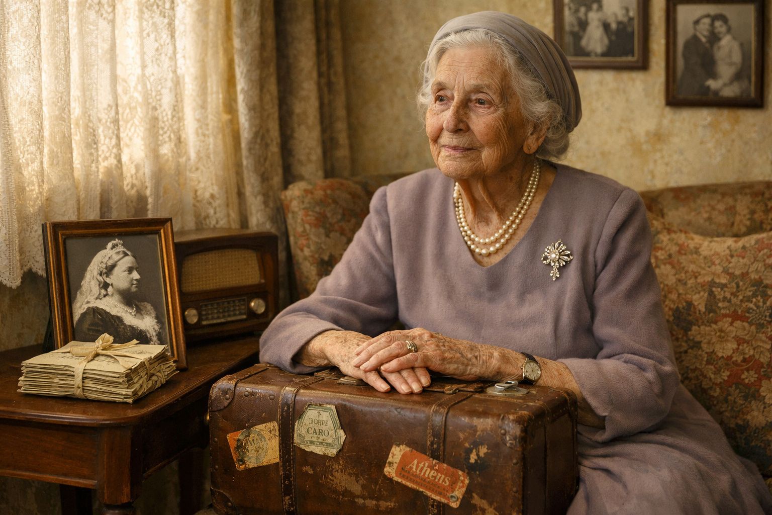 Mulher idosa sentada com mala antiga, ao lado de rádio vintage e fotografia emoldurada.