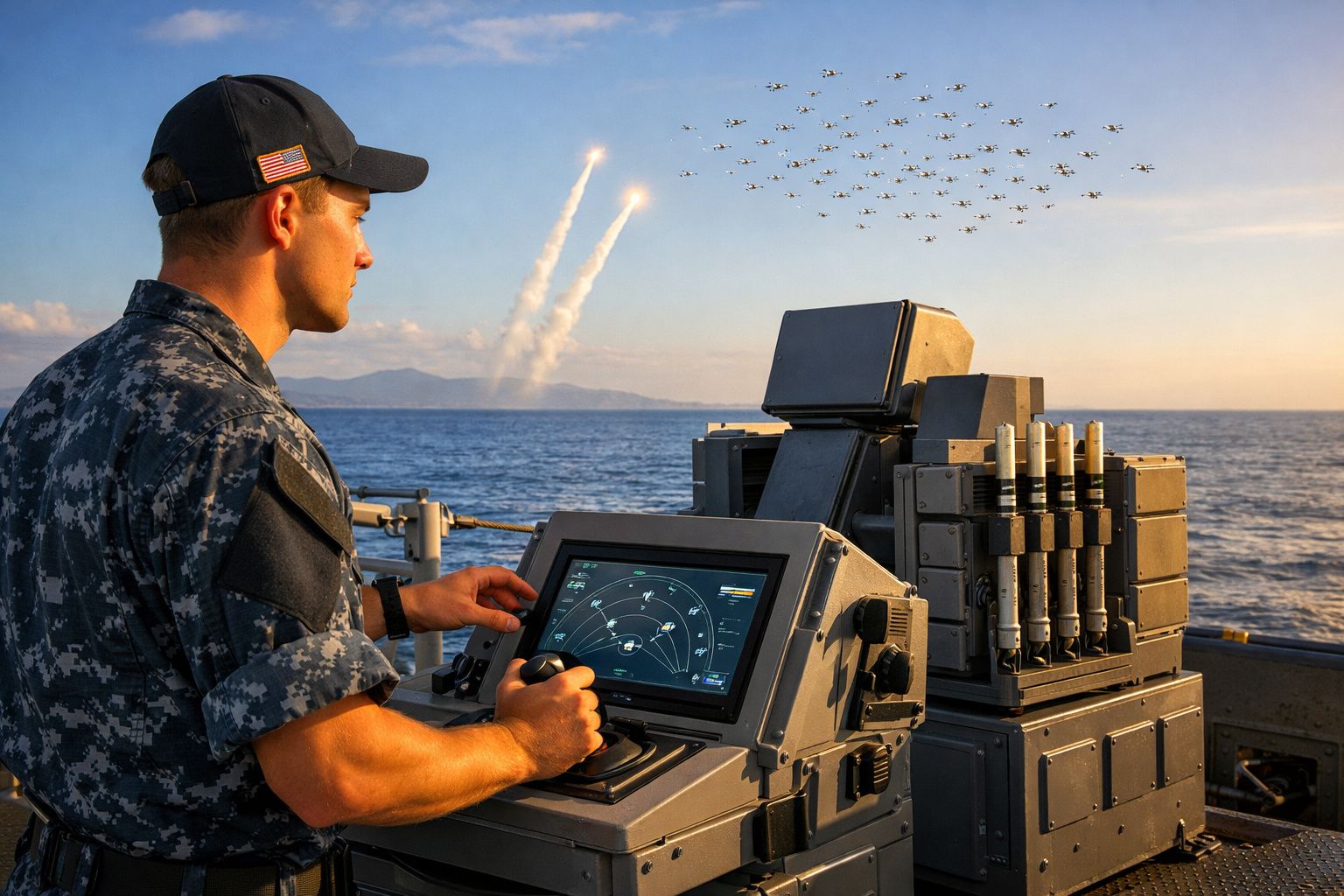 Militar na estação de controlo de um navio de guerra, monitorizando lançamentos de mísseis no mar durante o pôr do sol.